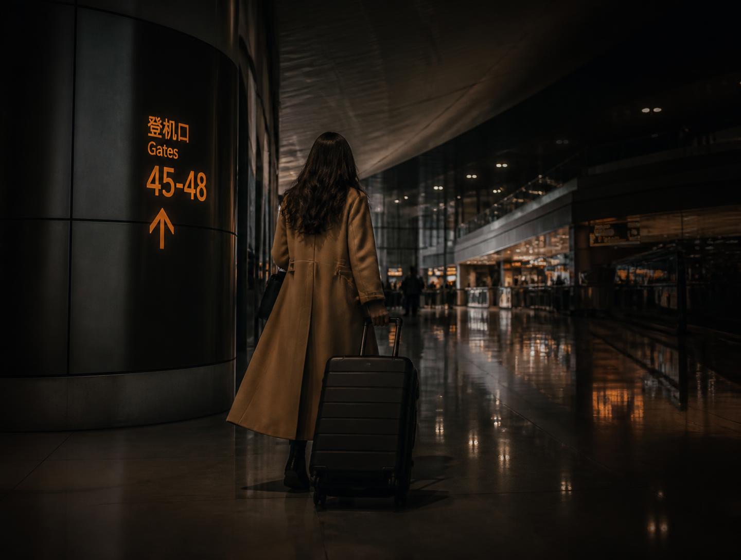 Editorial image of a woman walking through an airport with luggage, the freedom of travel